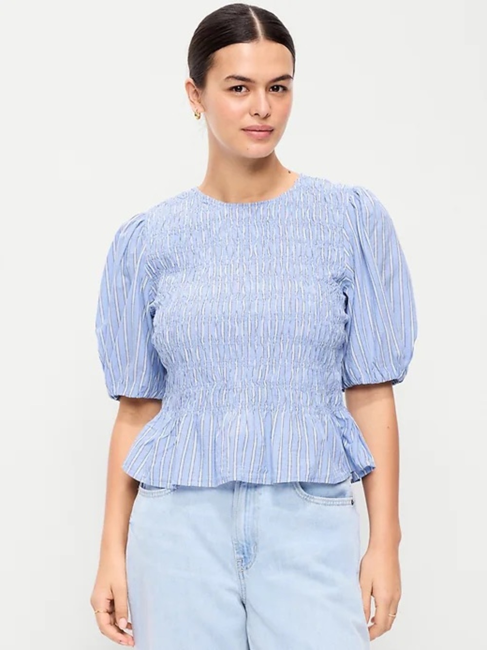 Old Navy Light Blue Striped Smocked Puff Sleeve Top size XL